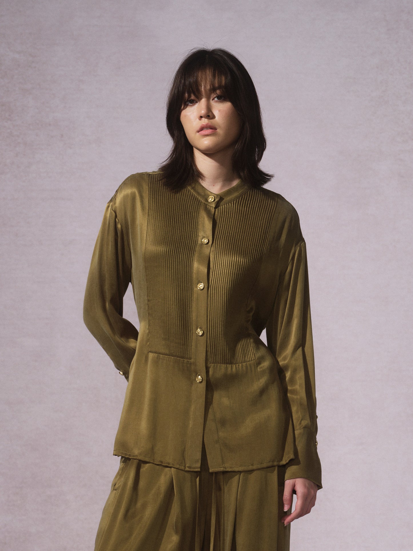 26SS 橄榄绿铜氨棉复古衬衫0
