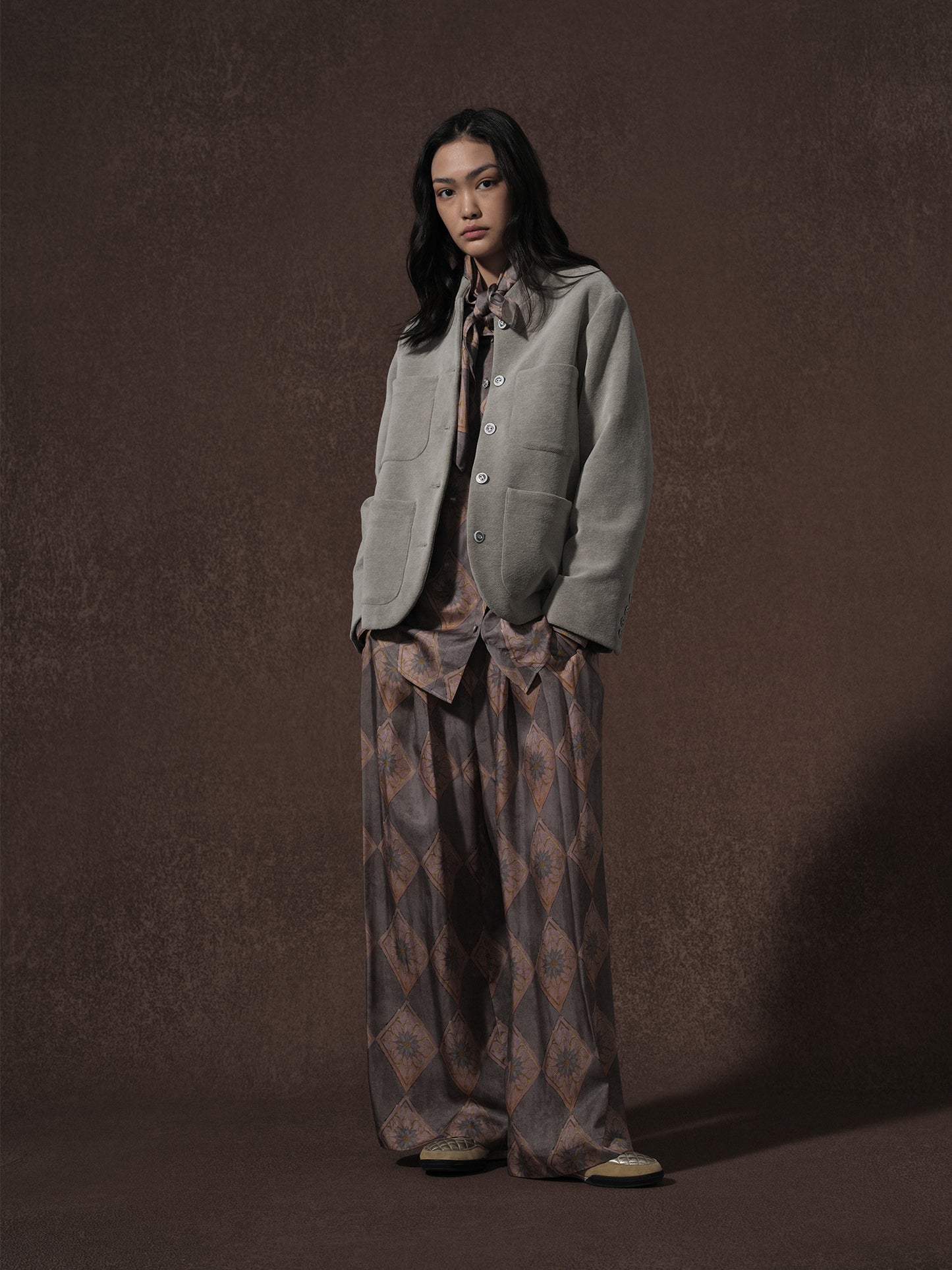 LABELDEL 25AW灰色平绒四袋夹克印花铜氨套装2