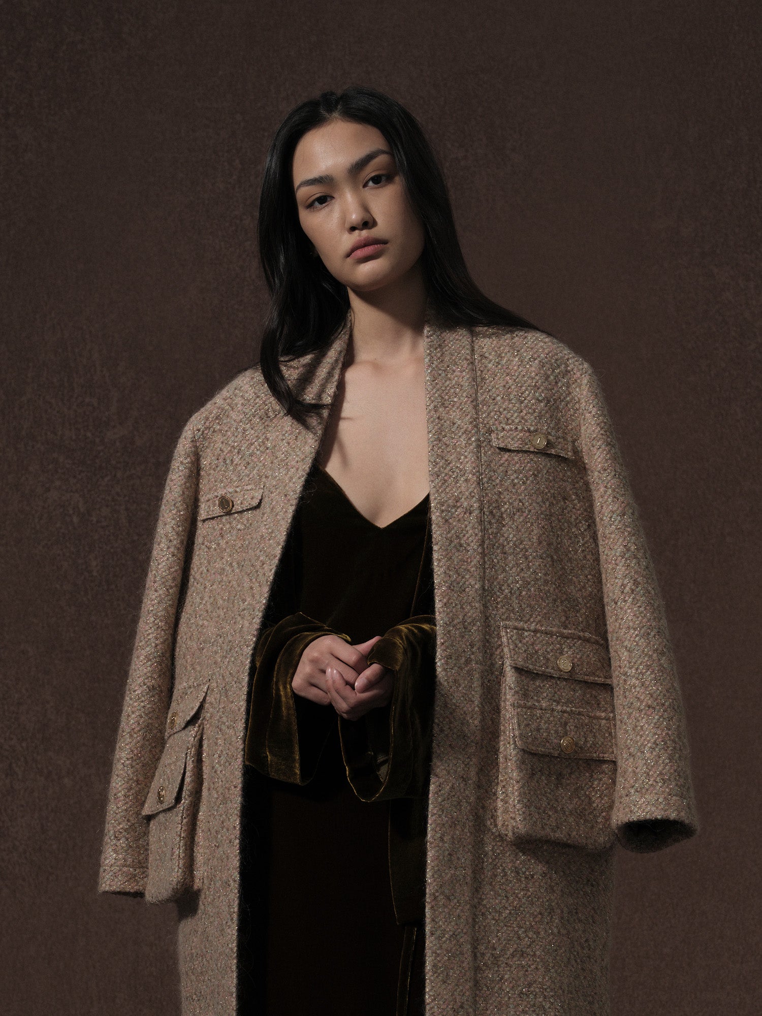 LABELDEL 25AW咖金丝绒连衣裙 鱼鳞纹粗花呢六袋大衣0