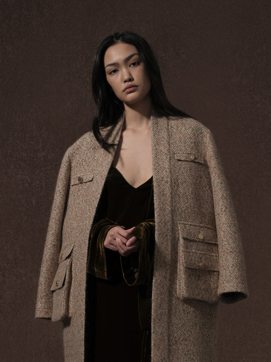 LABELDEL 25AW咖金丝绒连衣裙 鱼鳞纹粗花呢六袋大衣0