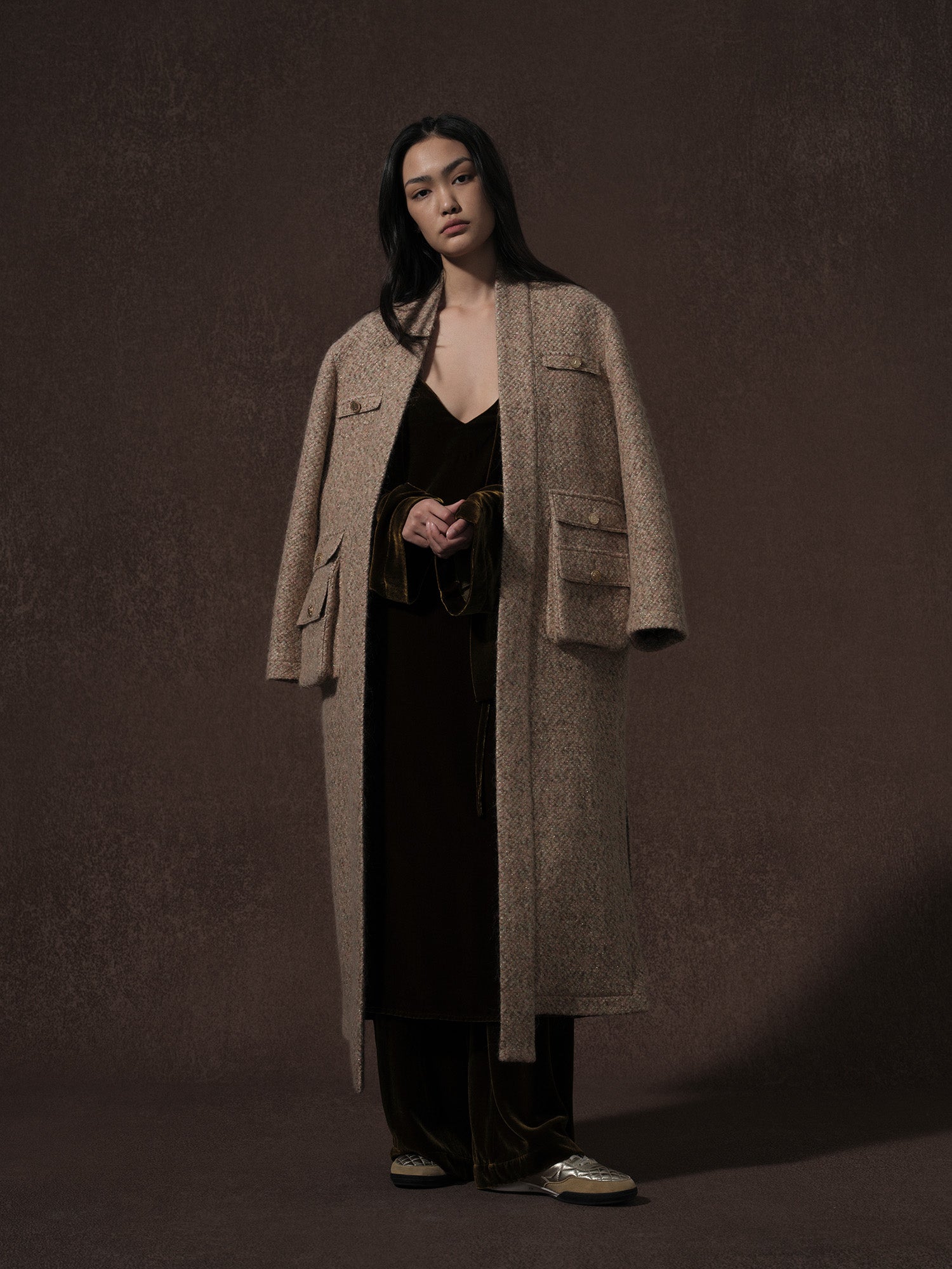 LABELDEL 25AW咖金丝绒连衣裙 鱼鳞纹粗花呢六袋大衣1