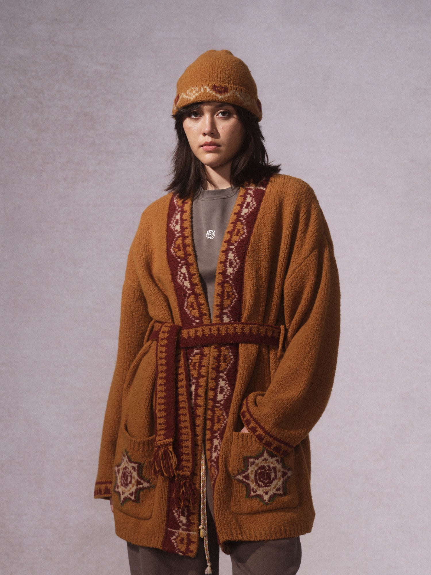 LABELDEL 25AW姜黄唐纹开衫毛衣0