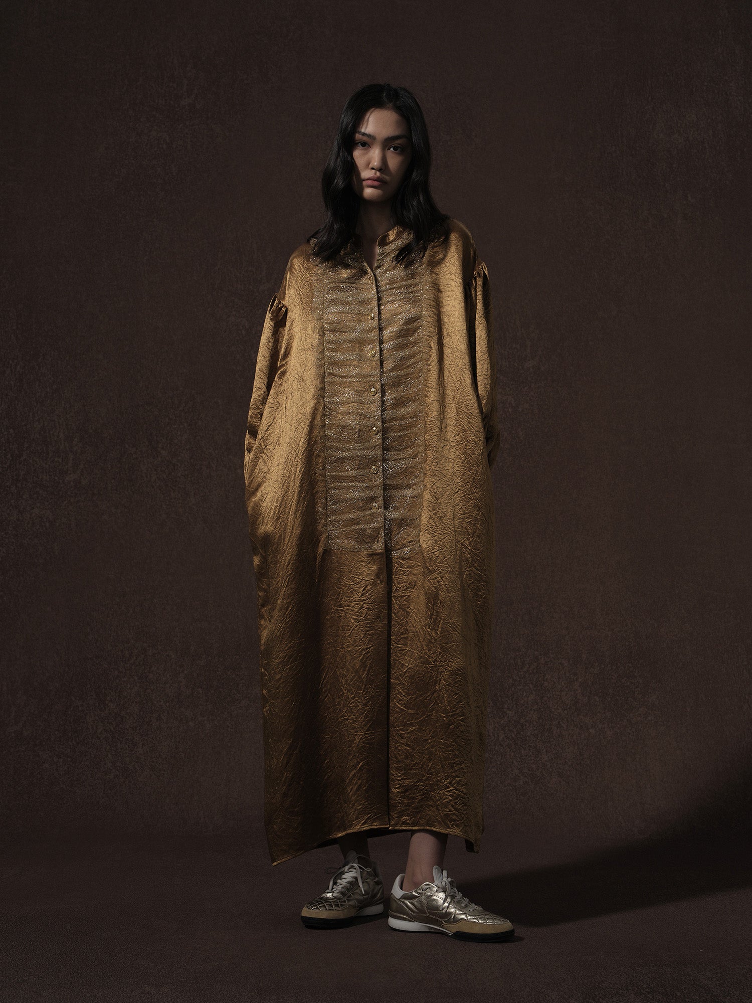 LABELDEL 25AW金色醋酸拼纱长袍1