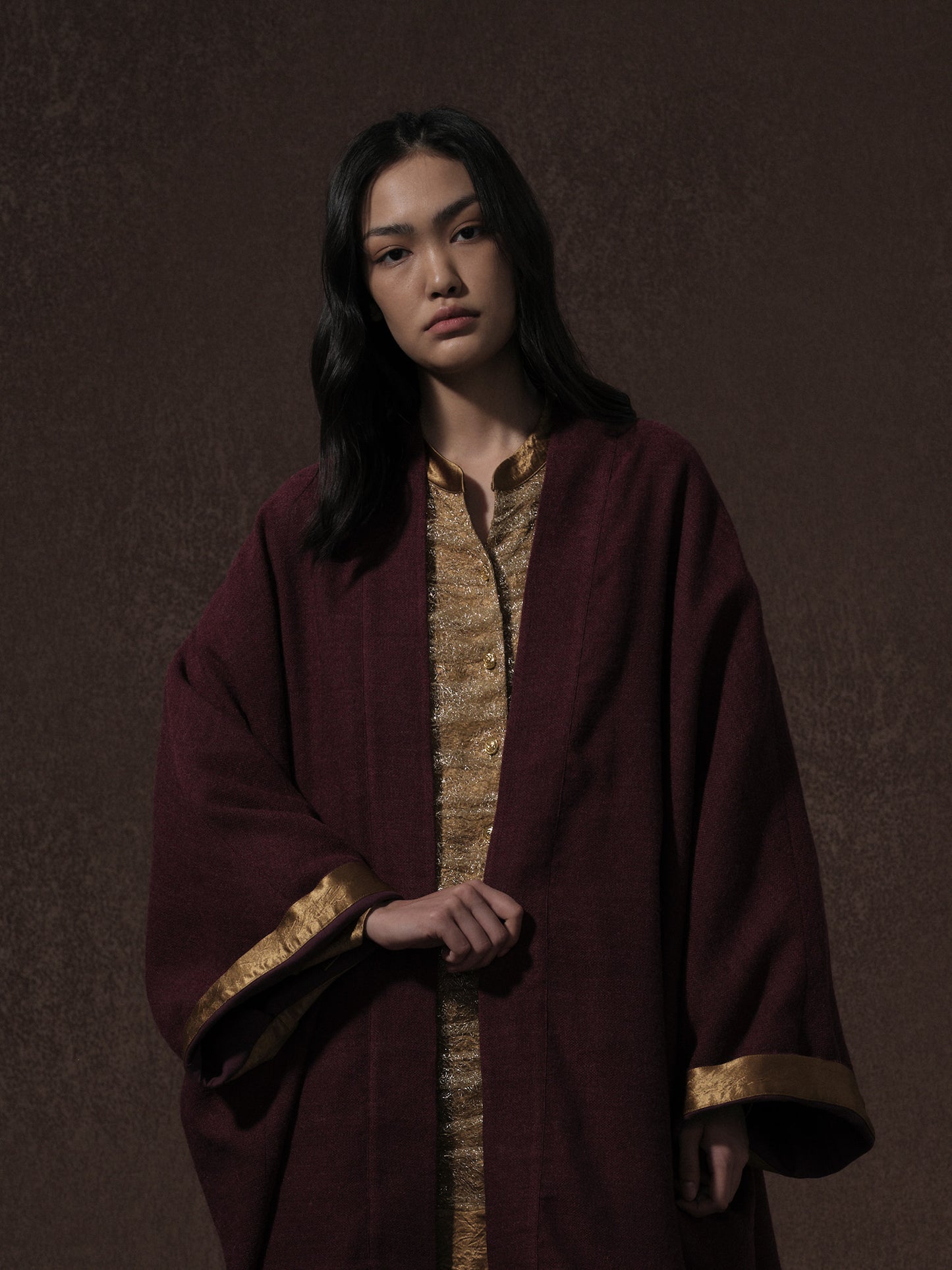 LABELDEL 25AW金色醋酸拼纱长袍 红色麻毛披风0