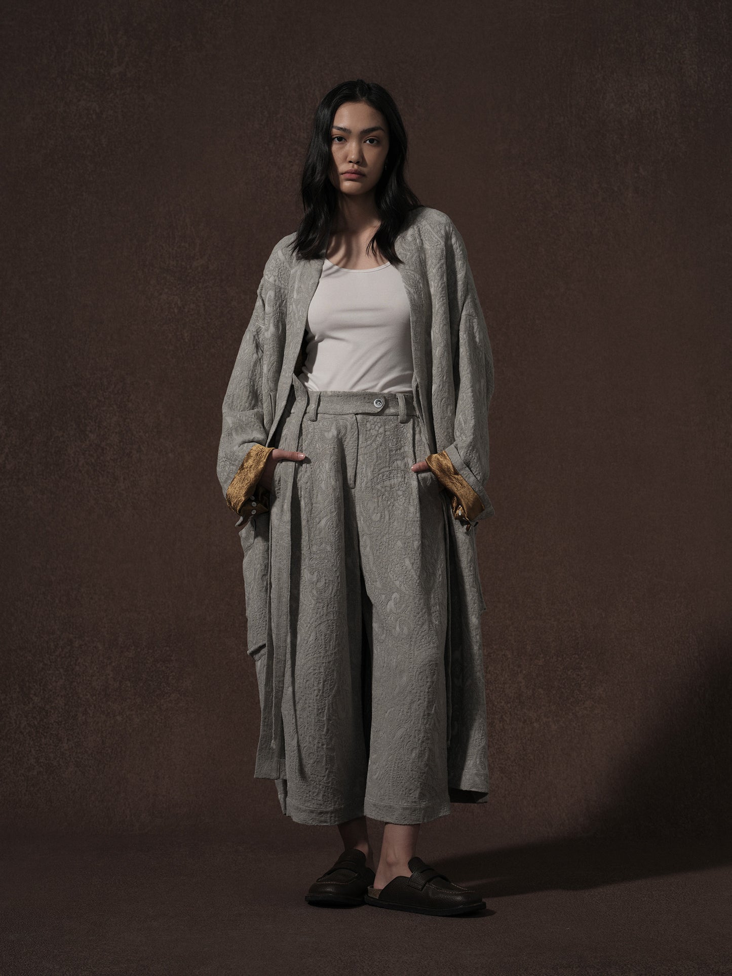 LABELDEL 25AW亚麻提花长袍大衣和裤子1