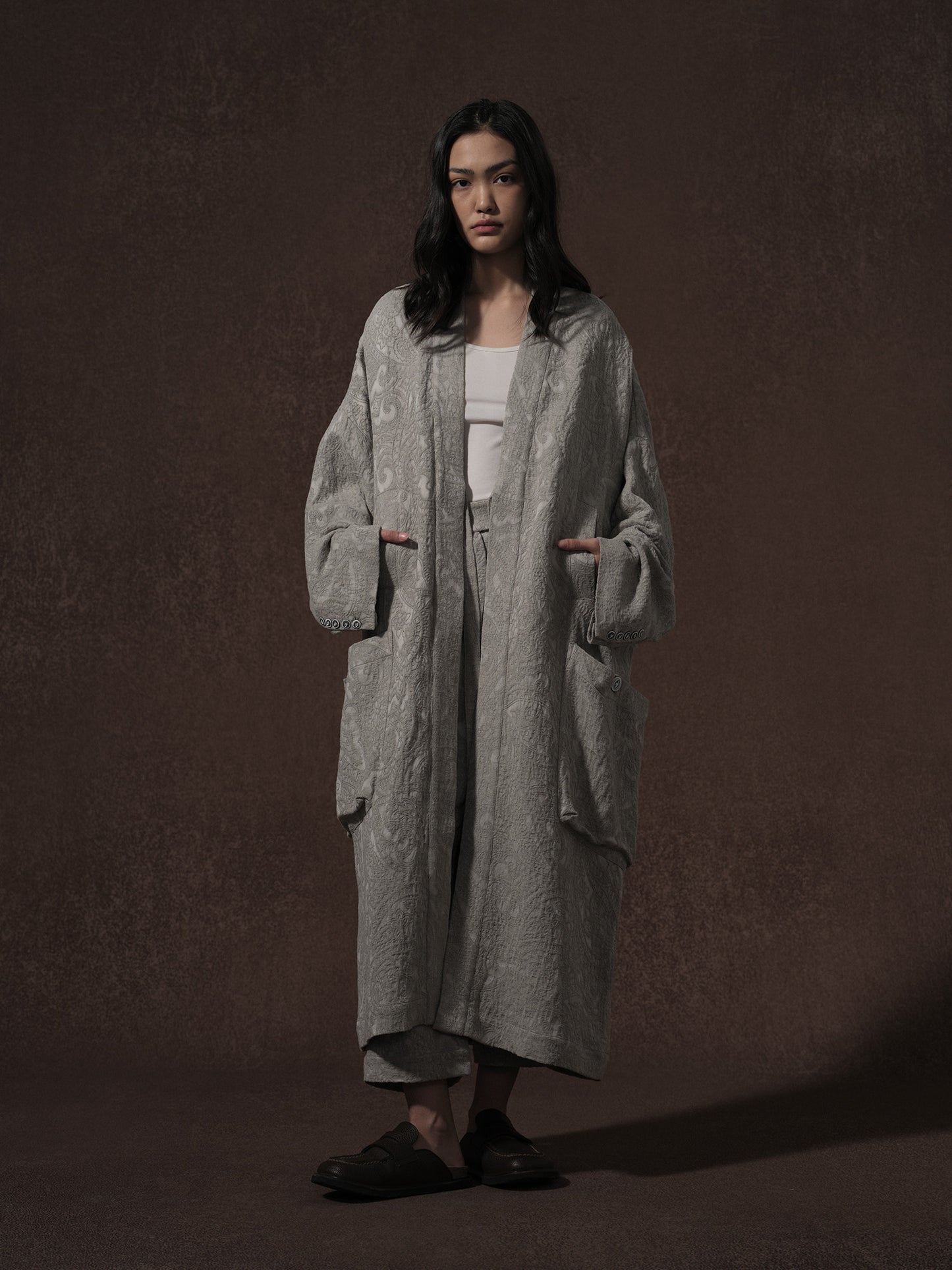 LABELDEL 25AW亚麻提花长袍大衣和裤子3