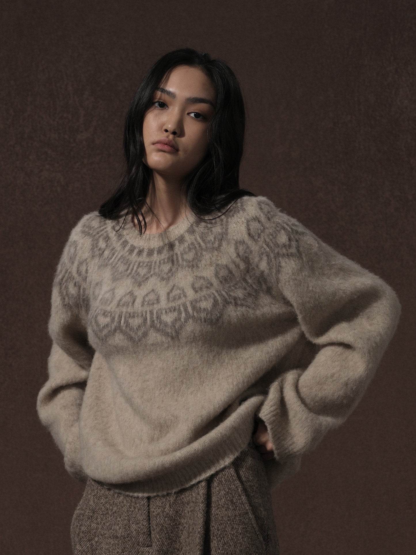 LABELDEL 25AW燕麦色唐纹费尔岛毛衣0