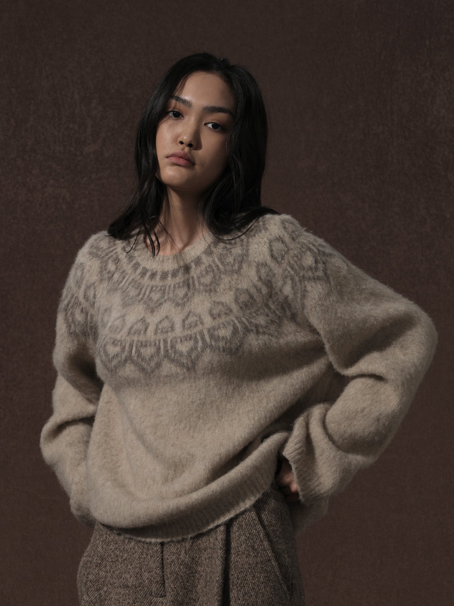 LABELDEL 25AW燕麦色唐纹费尔岛毛衣0