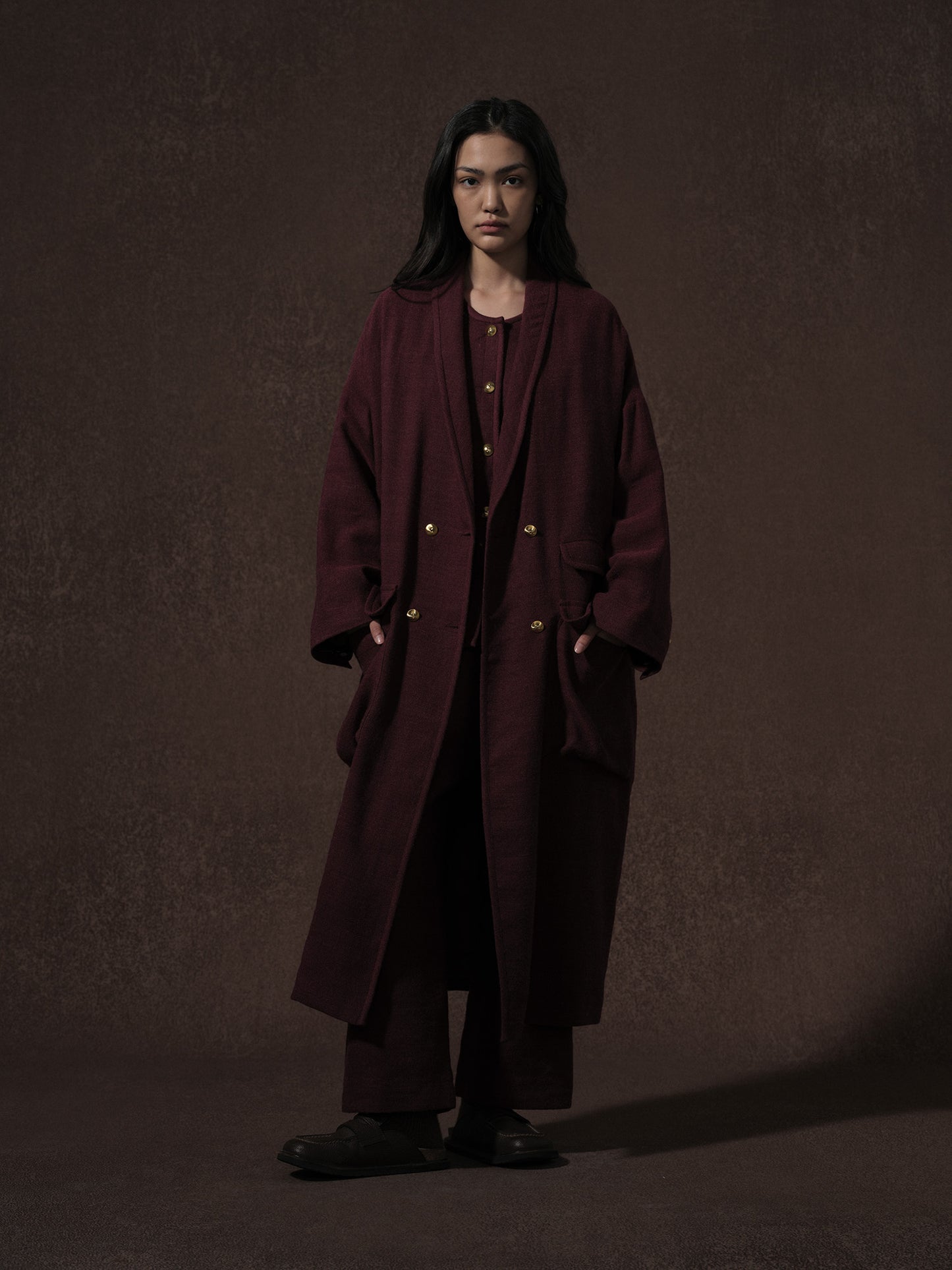 LABELDEL 25AW 红色亚麻羊毛长大衣1