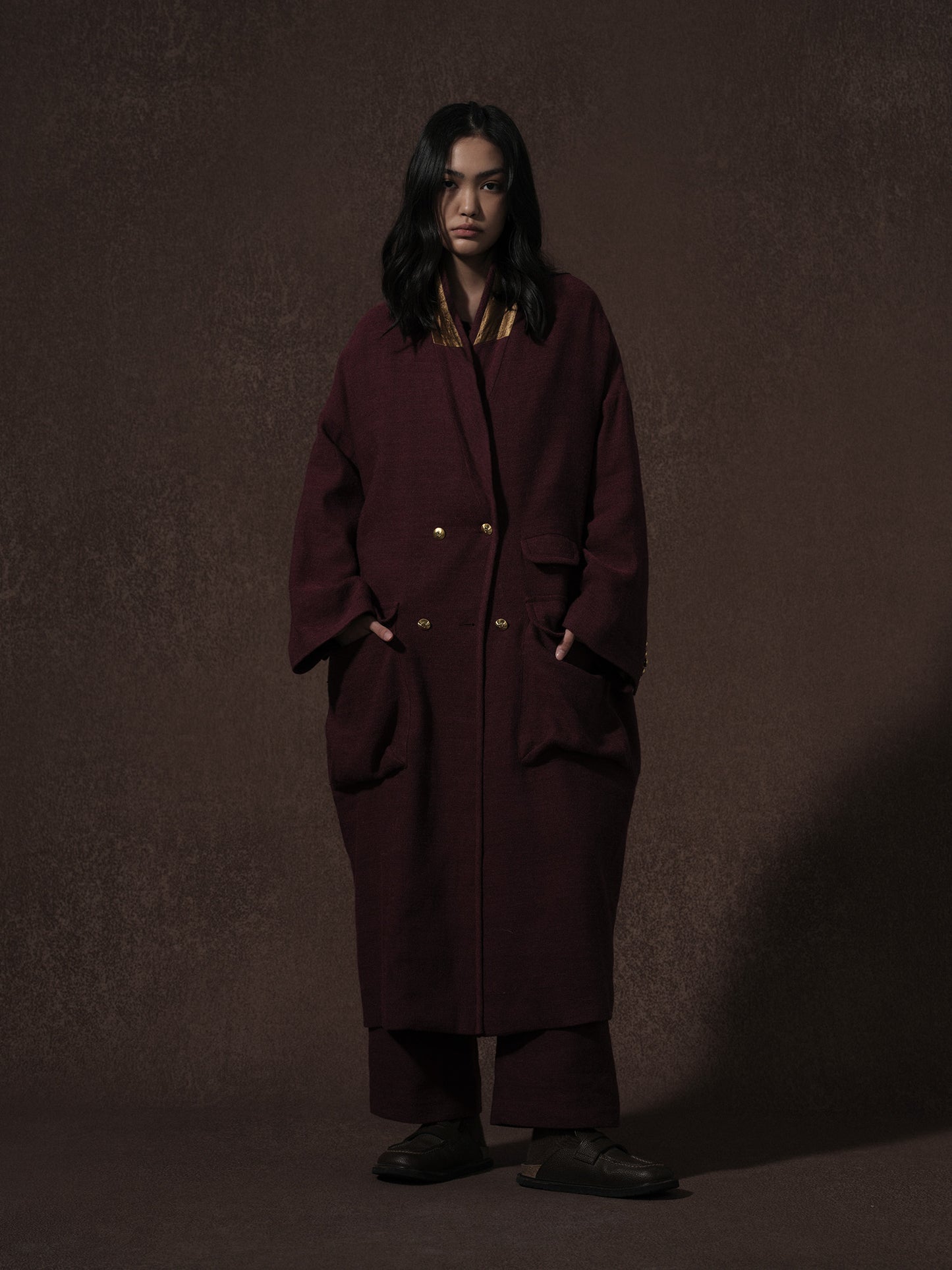 LABELDEL 25AW 红色亚麻羊毛长大衣0