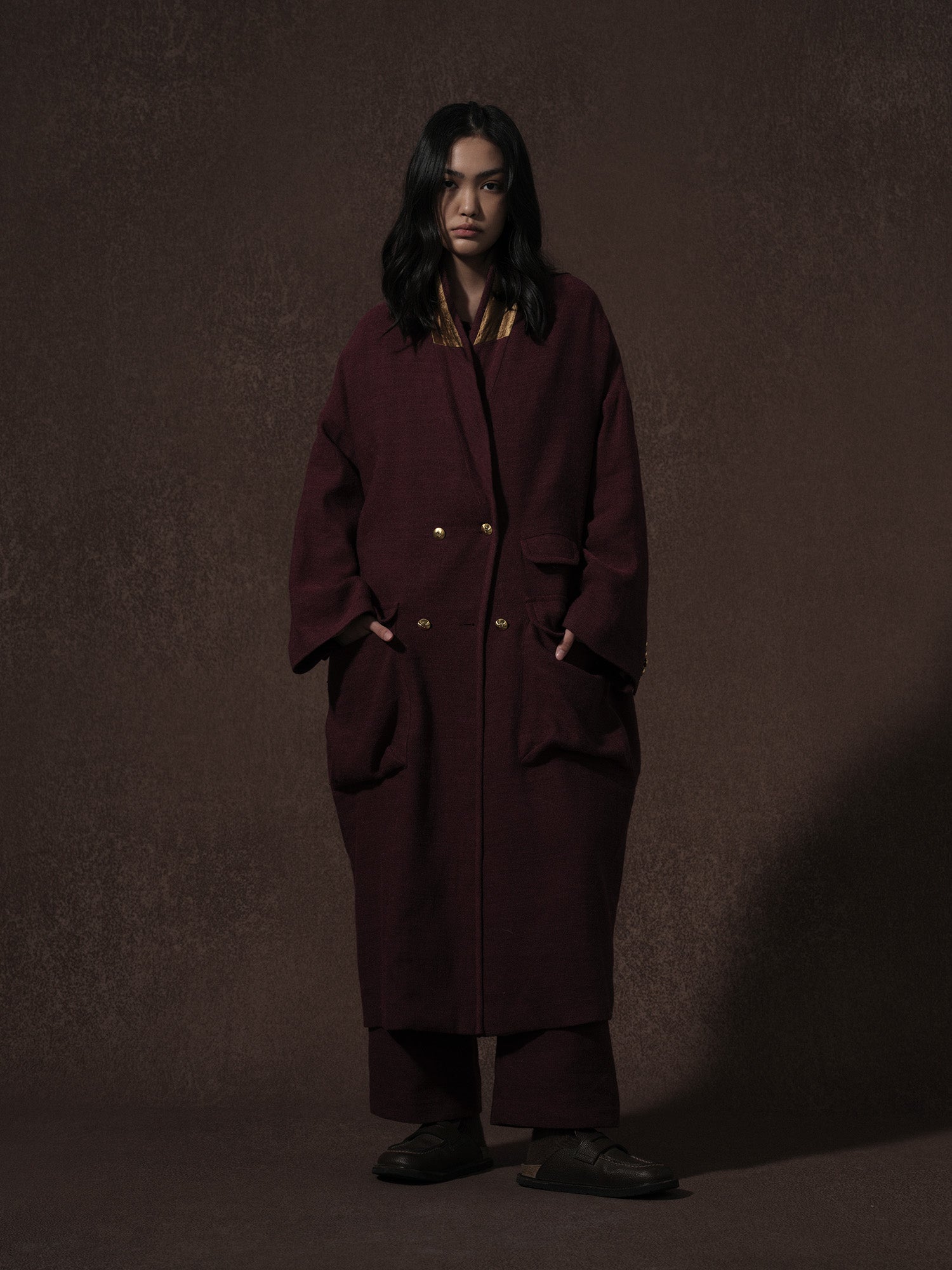 LABELDEL 25AW 红色亚麻羊毛长大衣0