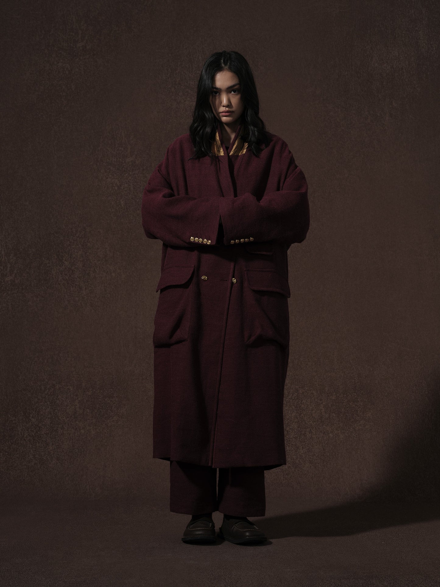 LABELDEL 25AW 红色亚麻羊毛长大衣1