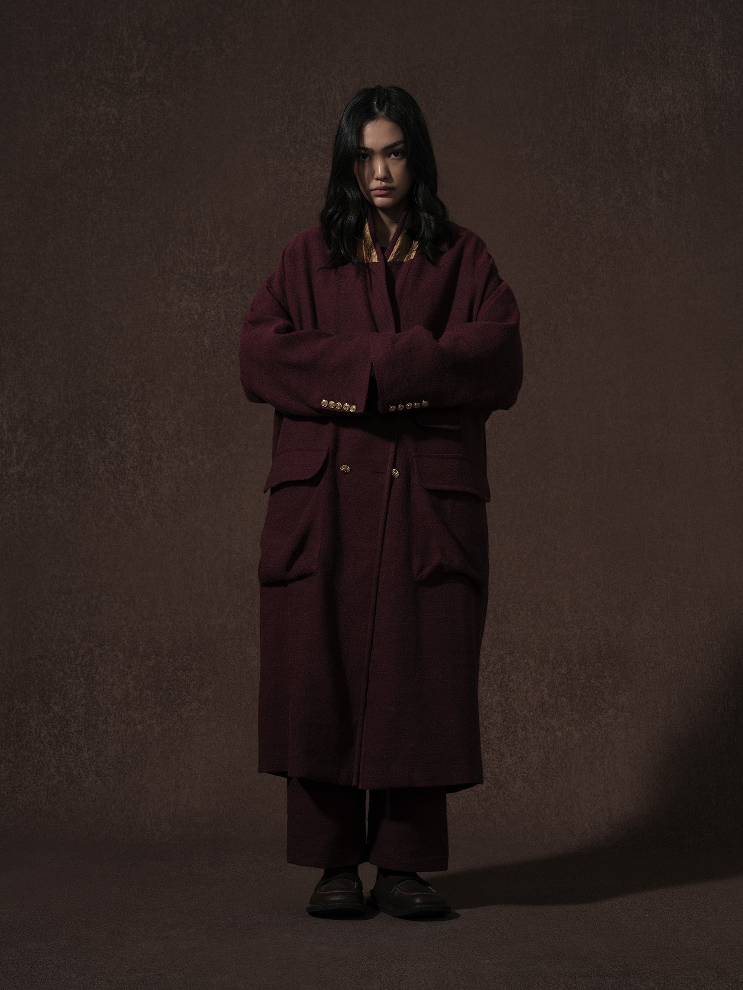 LABELDEL 25AW 红色亚麻羊毛长大衣1