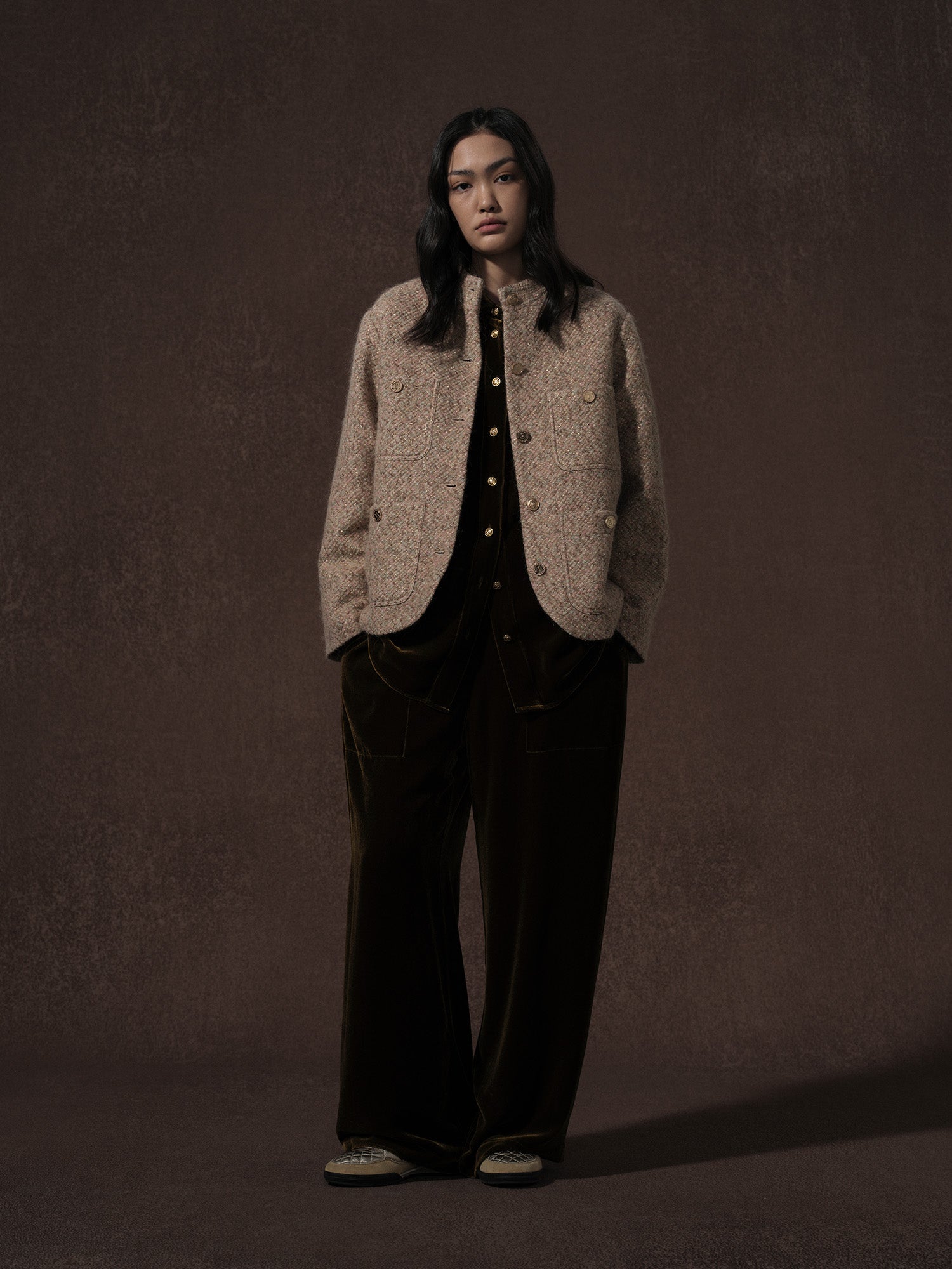 LABELDEL 25AW鱼鳞纹粗花呢四袋夹克 咖金丝绒长裤1