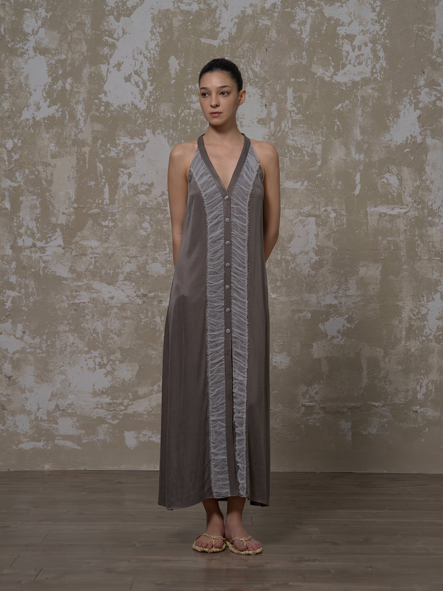 LABELDEL 25SS青灰铜氨拼纱连衣裙1