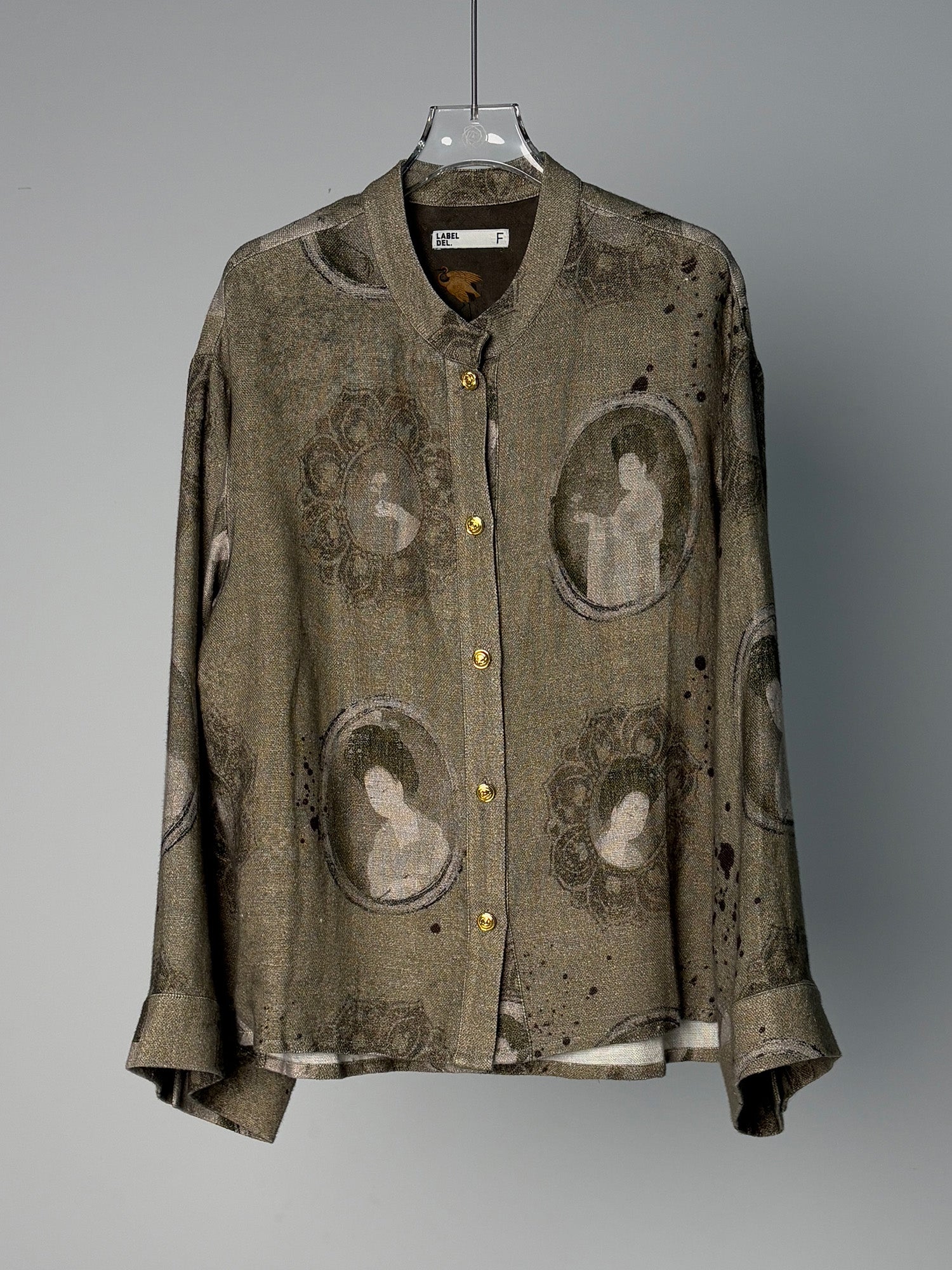 LABELDEL 25SS簪花仕女图绿麻印花长袖衬衫白底图