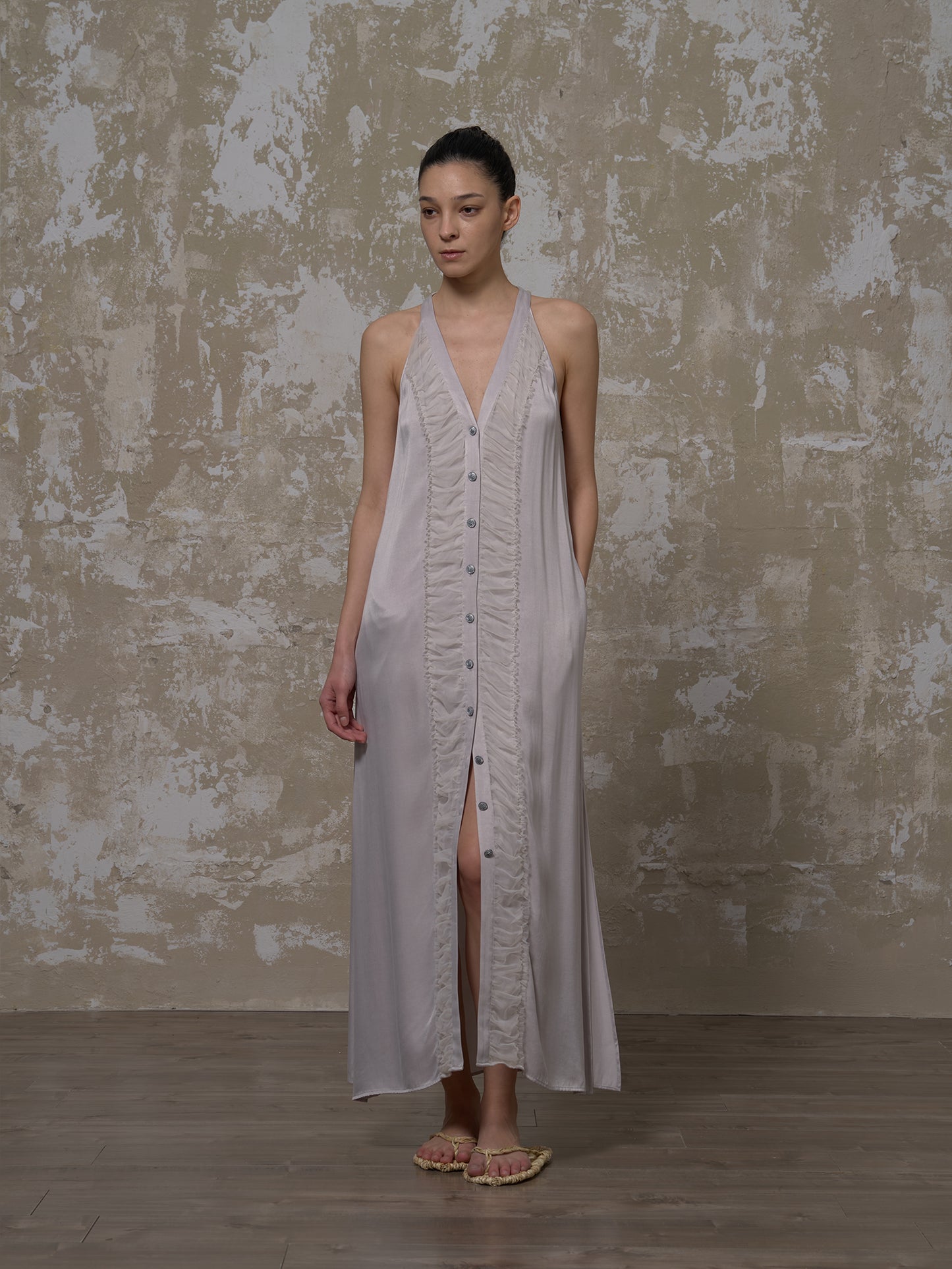 LABELDEL 25SS银灰铜氨拼纱连衣裙1