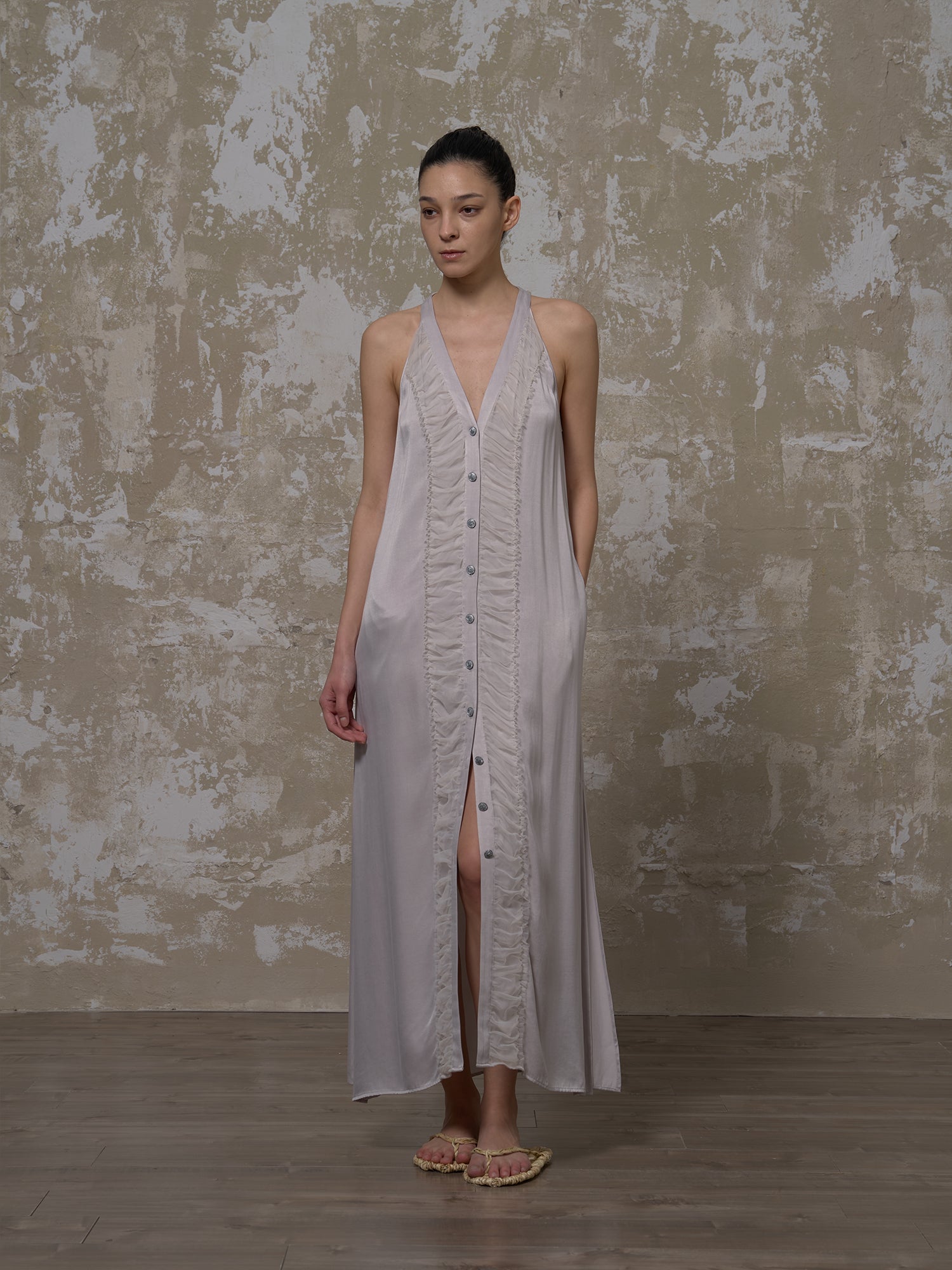 LABELDEL 25SS银灰铜氨拼纱连衣裙1