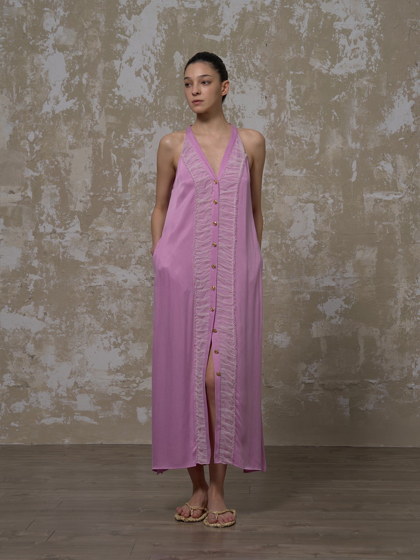 LABELDEL 25SS粉紫铜氨拼纱连衣裙1