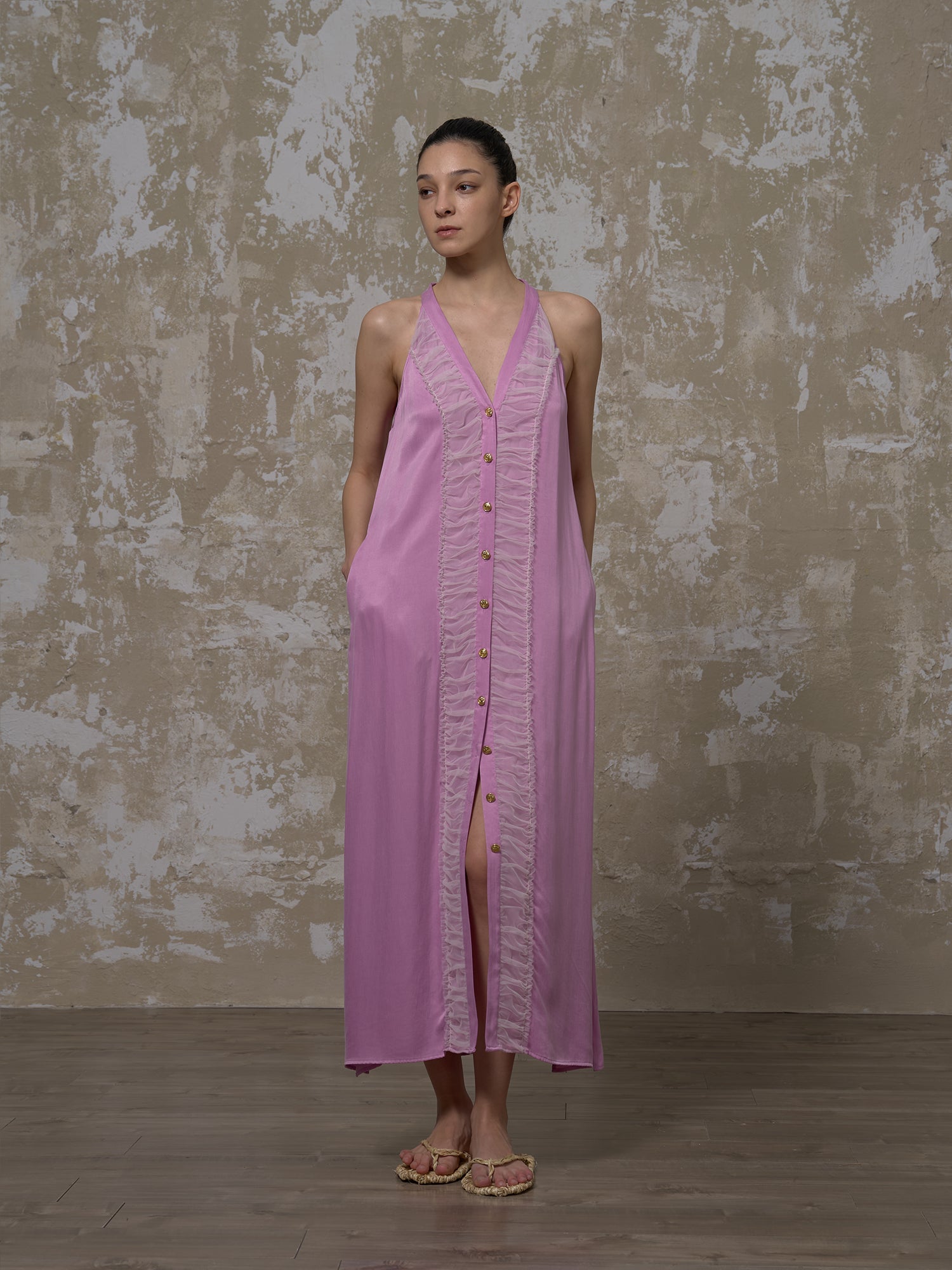 LABELDEL 25SS粉紫铜氨拼纱连衣裙1