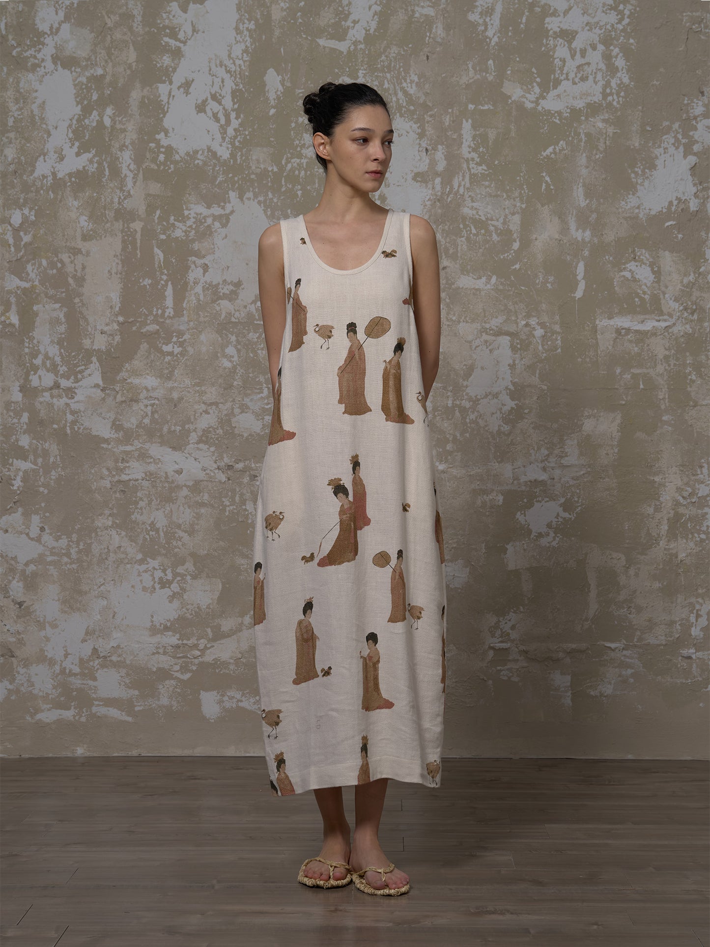 LABELDEL 25SS簪花仕女图白麻印花连衣裙1