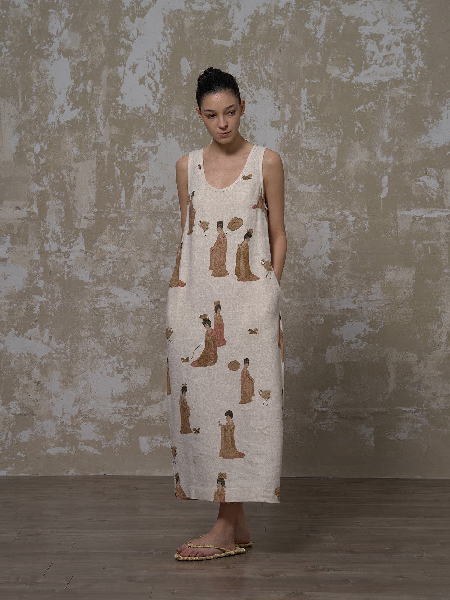 LABELDEL 25SS簪花仕女图白麻印花连衣裙4