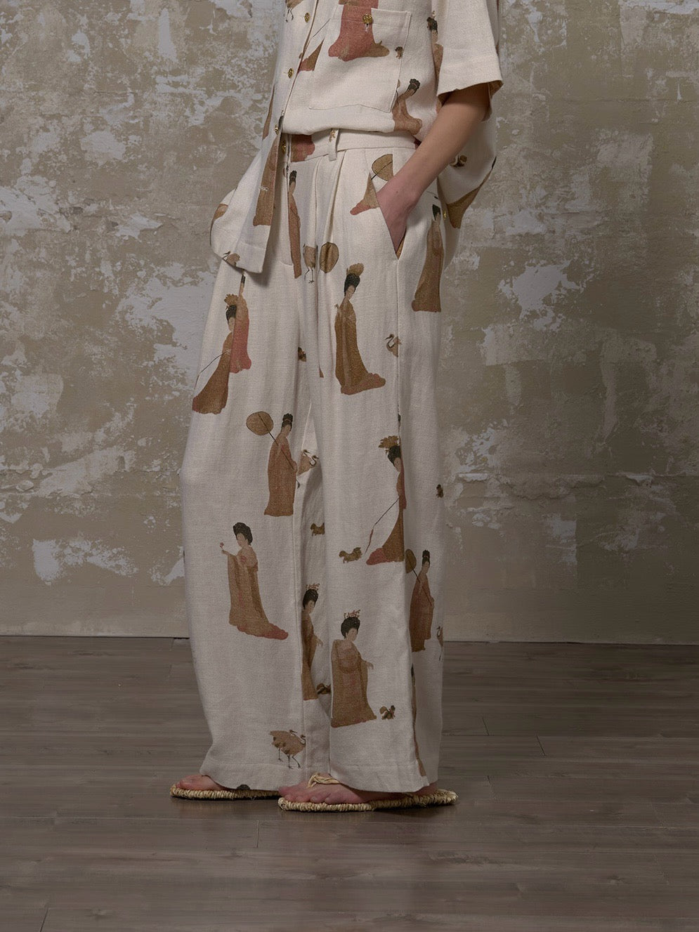 LABELDEL 25SS簪花仕女图白麻印花长裤2