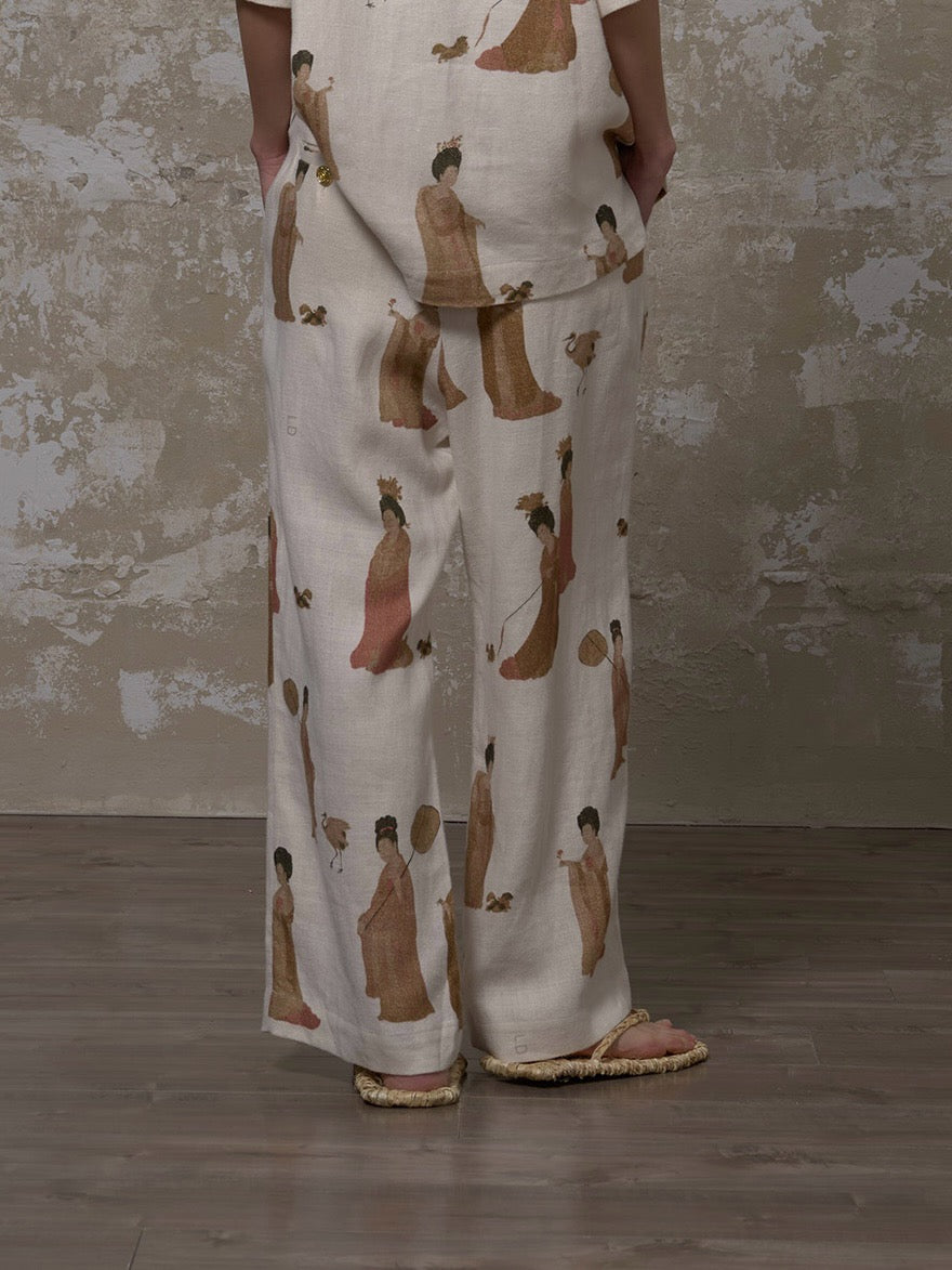 LABELDEL 25SS簪花仕女图白麻印花长裤3