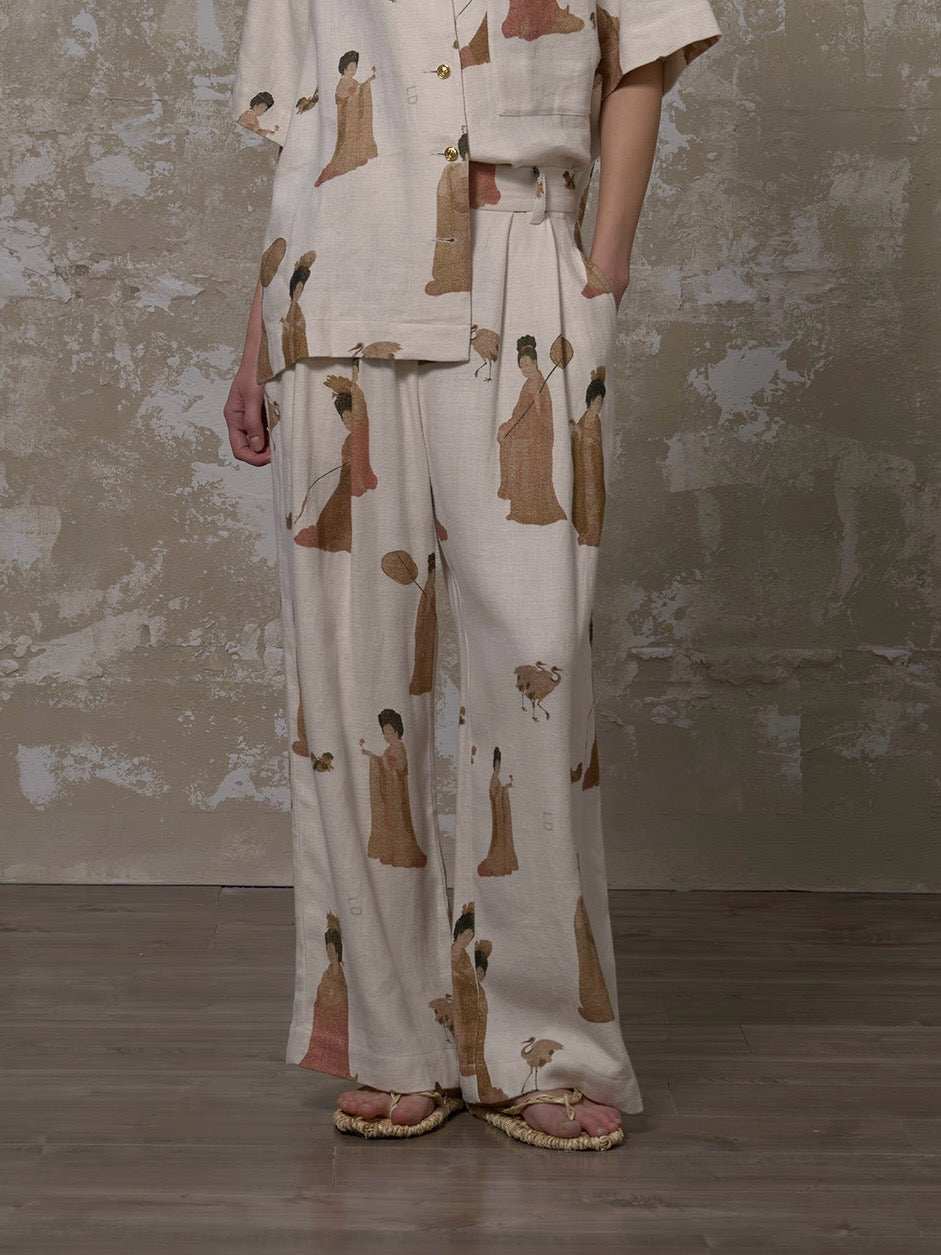 LABELDEL 25SS簪花仕女图白麻印花长裤1