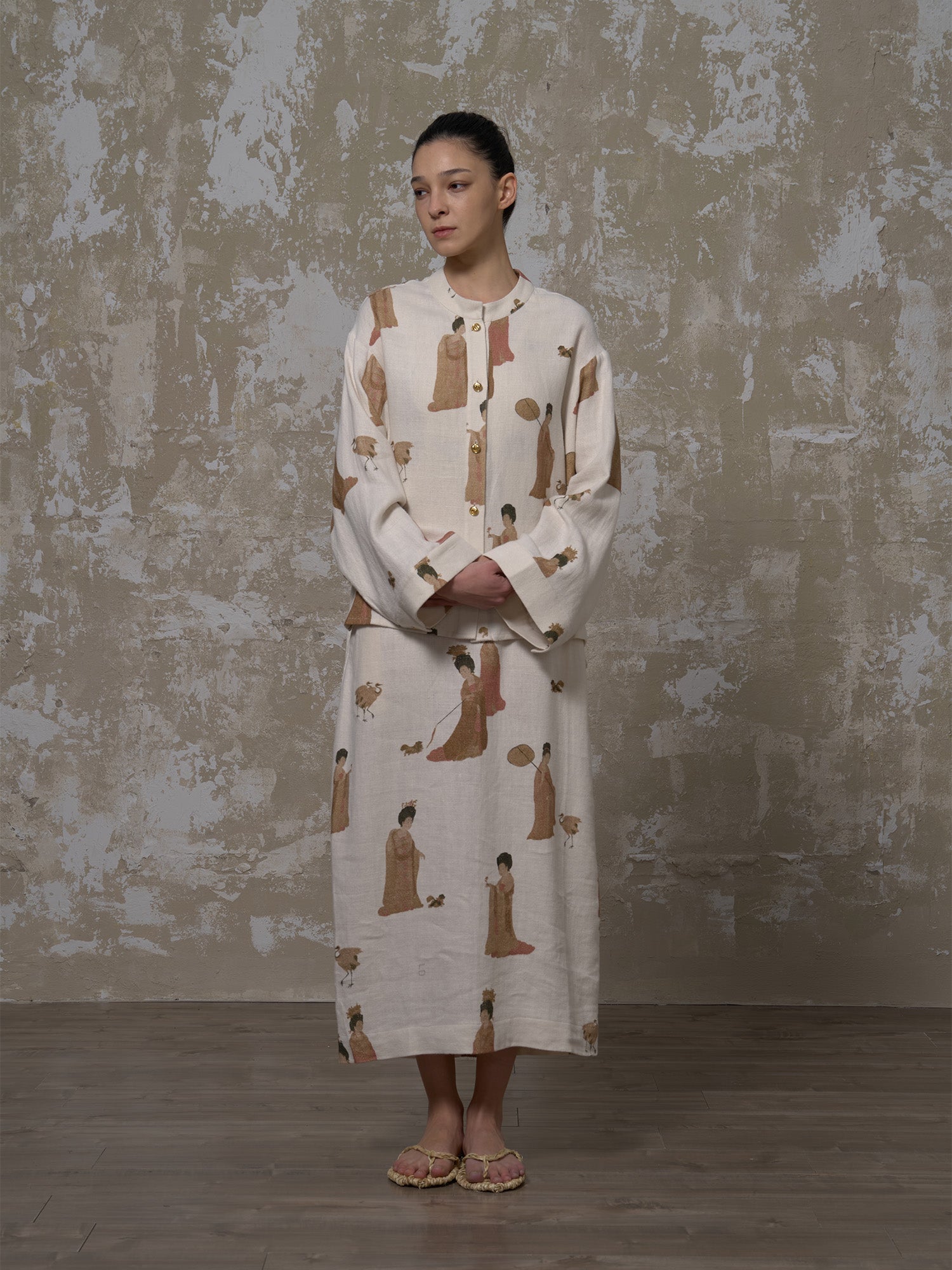 LABELDEL 25SS簪花仕女图白麻印花长袖衬衫1