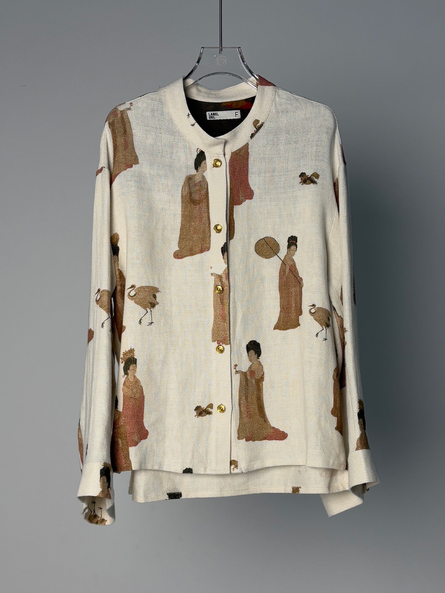 LABELDEL 25SS簪花仕女图白麻印花长袖衬衫白底图