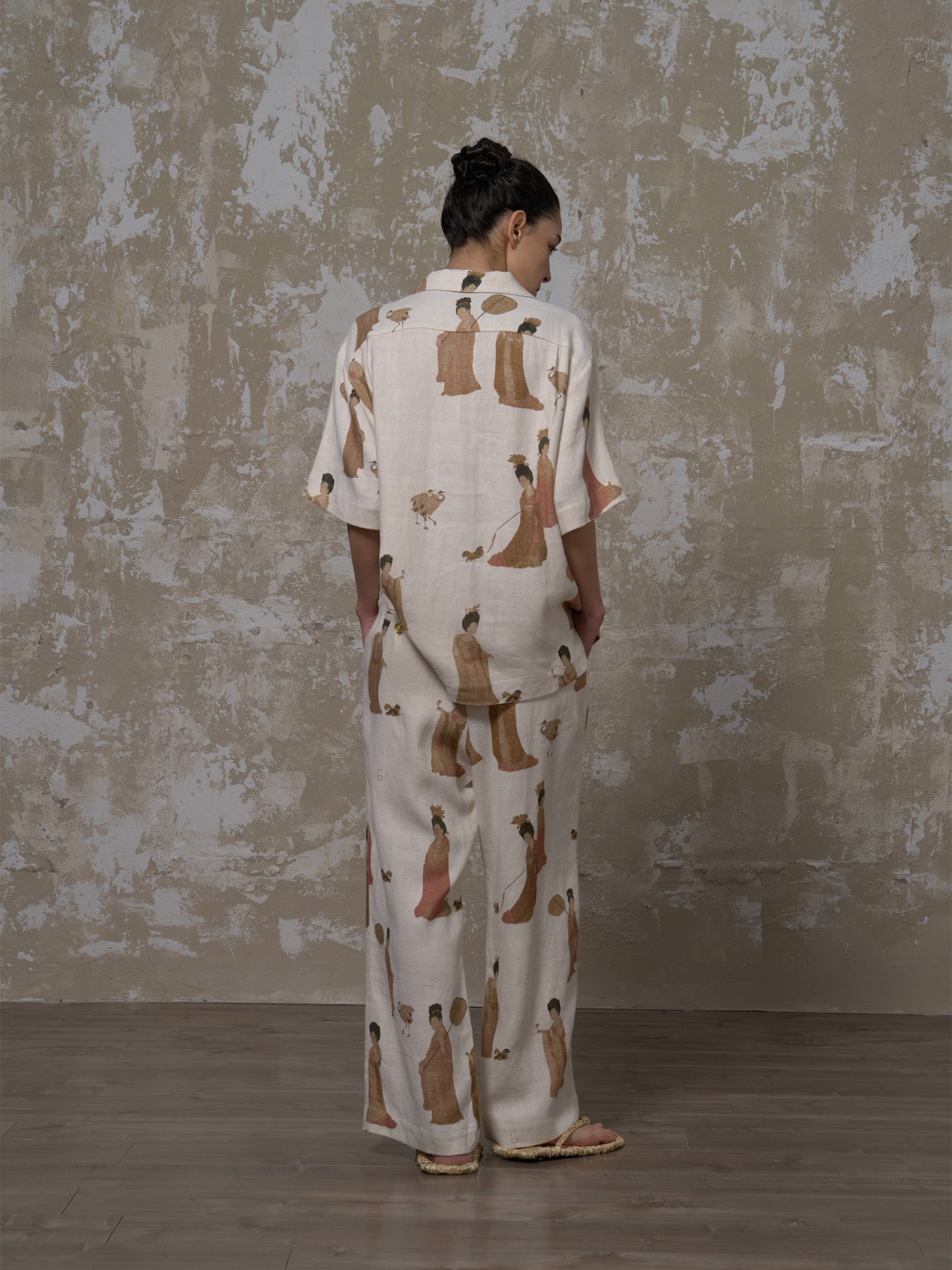 LABELDEL 25SS簪花仕女图白麻印花短袖衬衫3