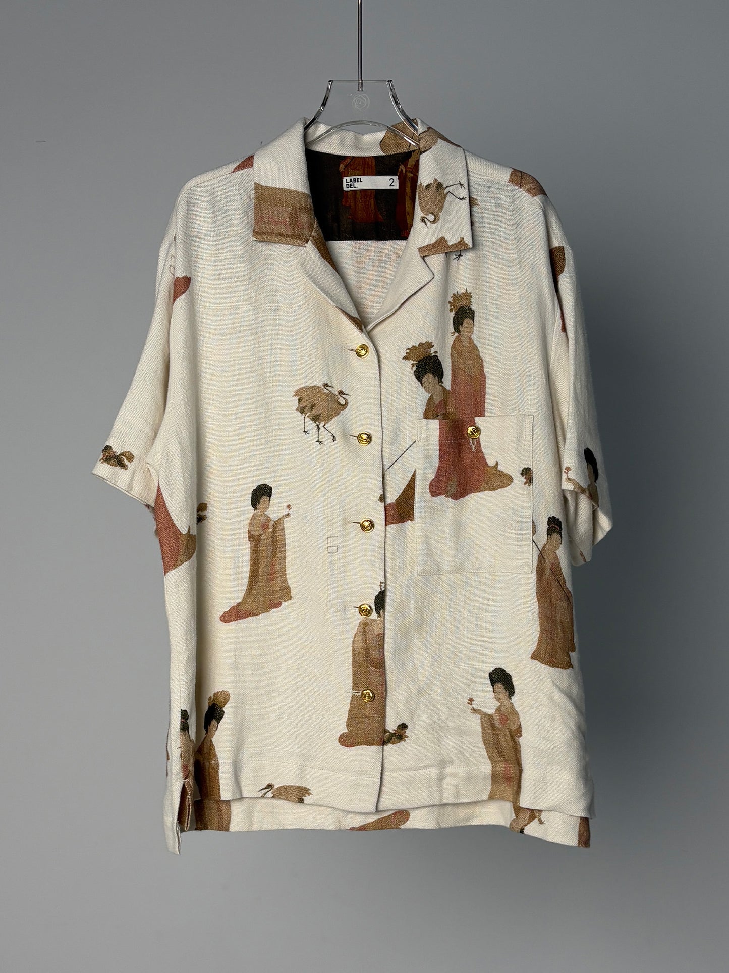 LABELDEL 25SS簪花仕女图白麻印花短袖衬衫白底图