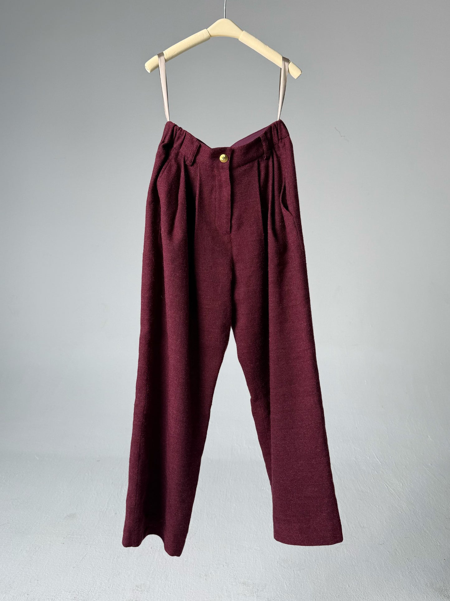 红色亚麻羊毛长裤