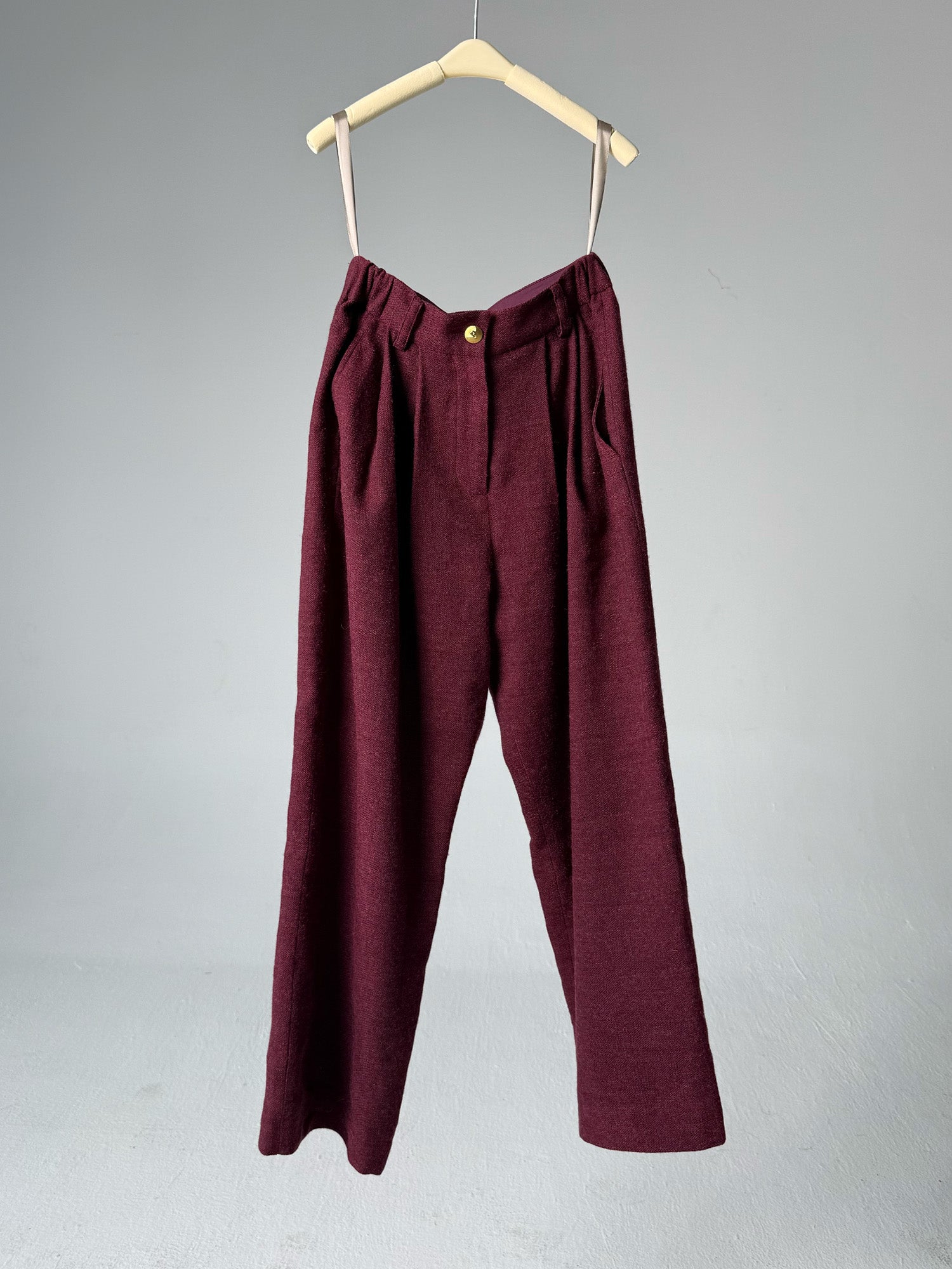 红色亚麻羊毛长裤